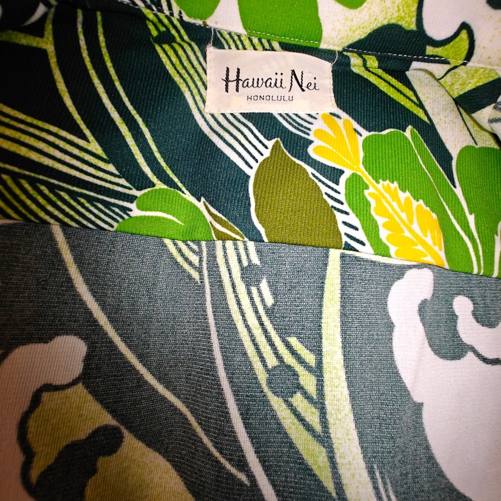 Vintage 1960s Hawaii Nei Honolulu Green Floral Aloha Shirt Big Collar Mens S/M - Picture 11 of 13